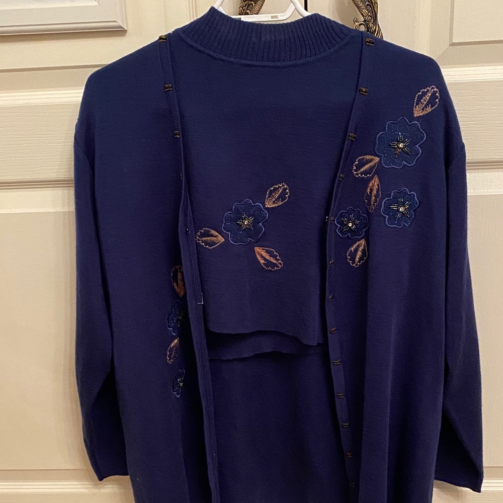 Embroidered Floral Navy Sweater Set